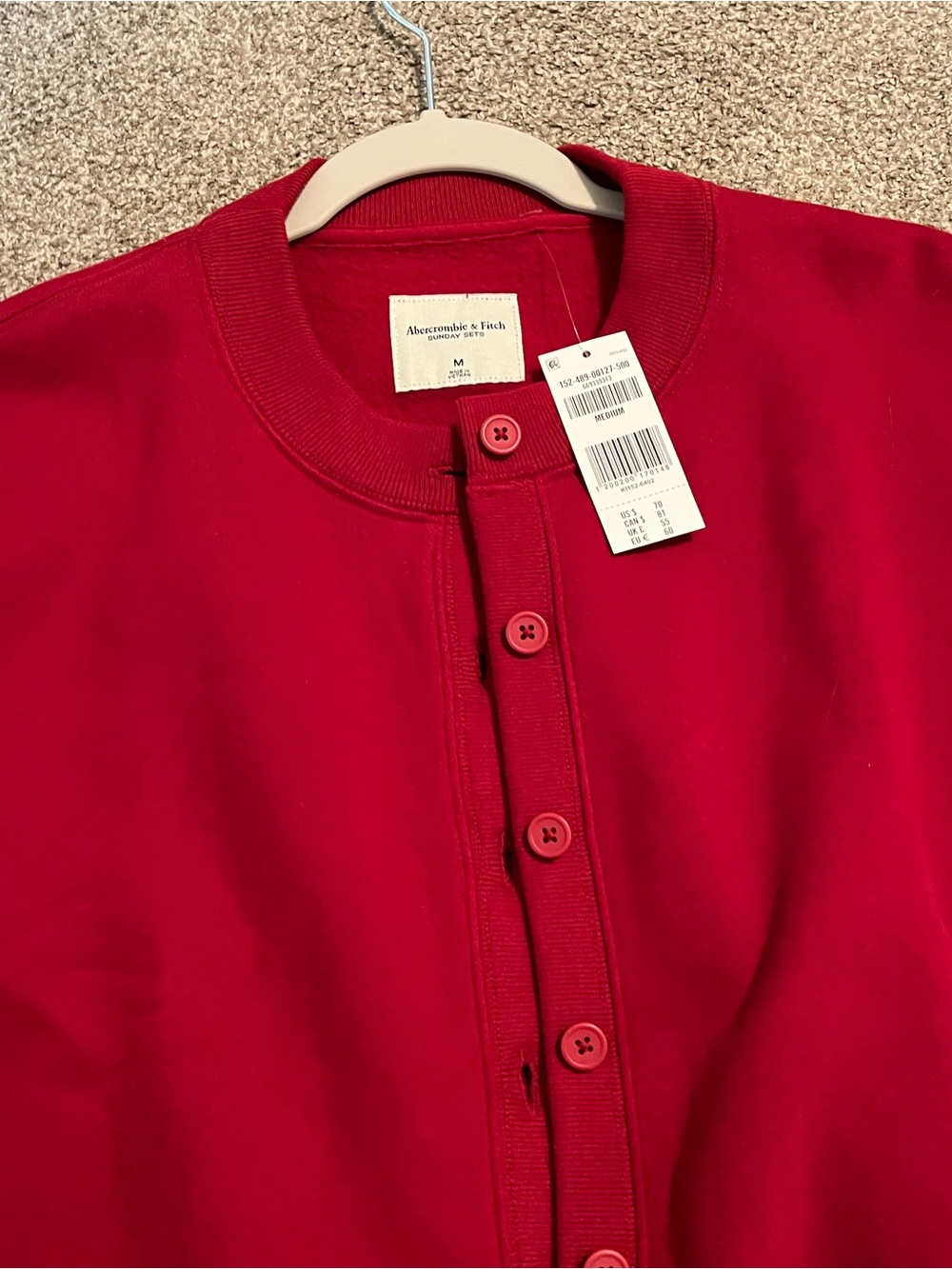 Abercrombie & Fitch Sunday Shrunken Crew Cardigan Sweater Red Sweatshirt - Picture 6 of 9